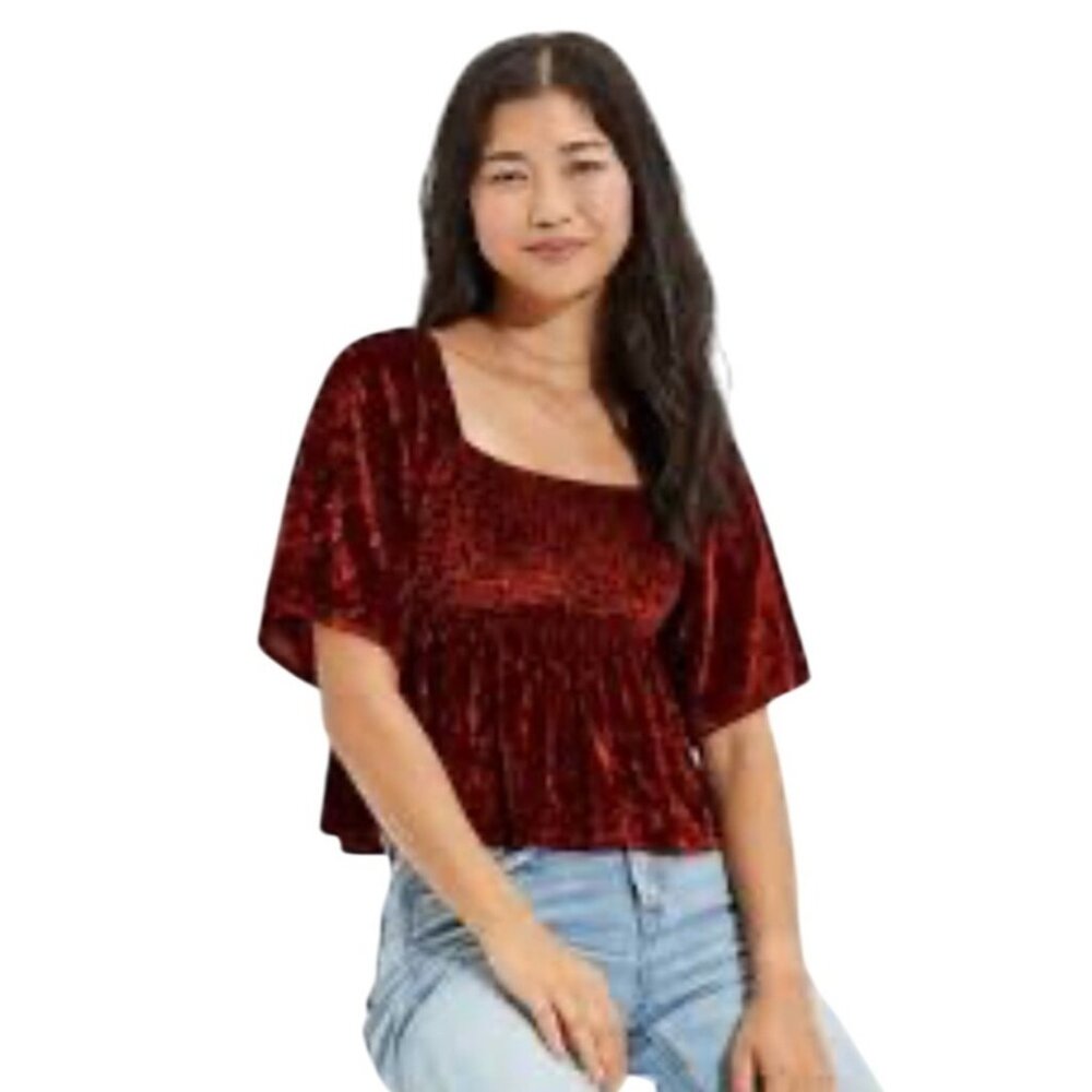 American Eagle Velvet Y2K Babydoll Top Size L Smocked Ruffle Boho Peasant Earthy - Picture 1 of 8